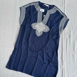 Tory Burch Navy and White linen sleeveless tunic with details NWT Women’s XS